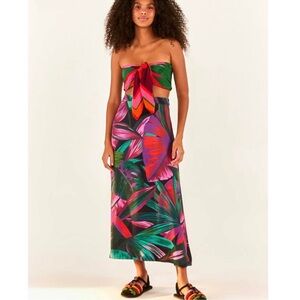 FARM RIO ANTHROPOLOGY Midnight Leaves Tropical Multicolored Midi Twill Skirt